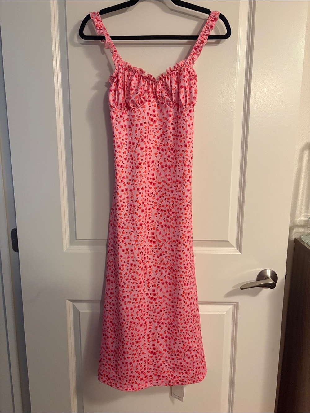 Commense Pink Floral Midi Slip Dress with Ruching Detail